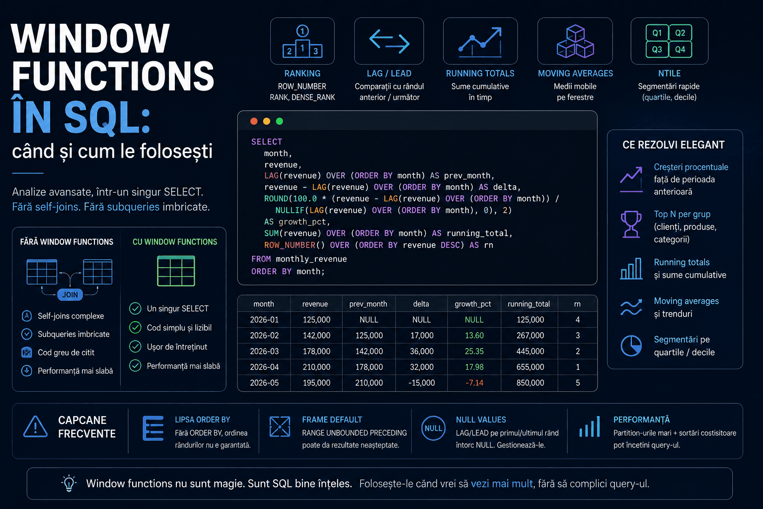 Window Functions în SQL: când și cum le folosești Window Functions în SQL — ROW_NUMBER, RANK, LAG, LEAD, SUM OVER PARTITION pentru analiză avansată