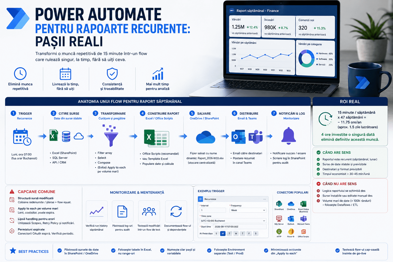 Power Automate pentru rapoarte recurente: pașii reali Power Automate pentru rapoarte recurente — flux trigger, conectare Excel/SQL/SharePoint, livrare automată email și Teams