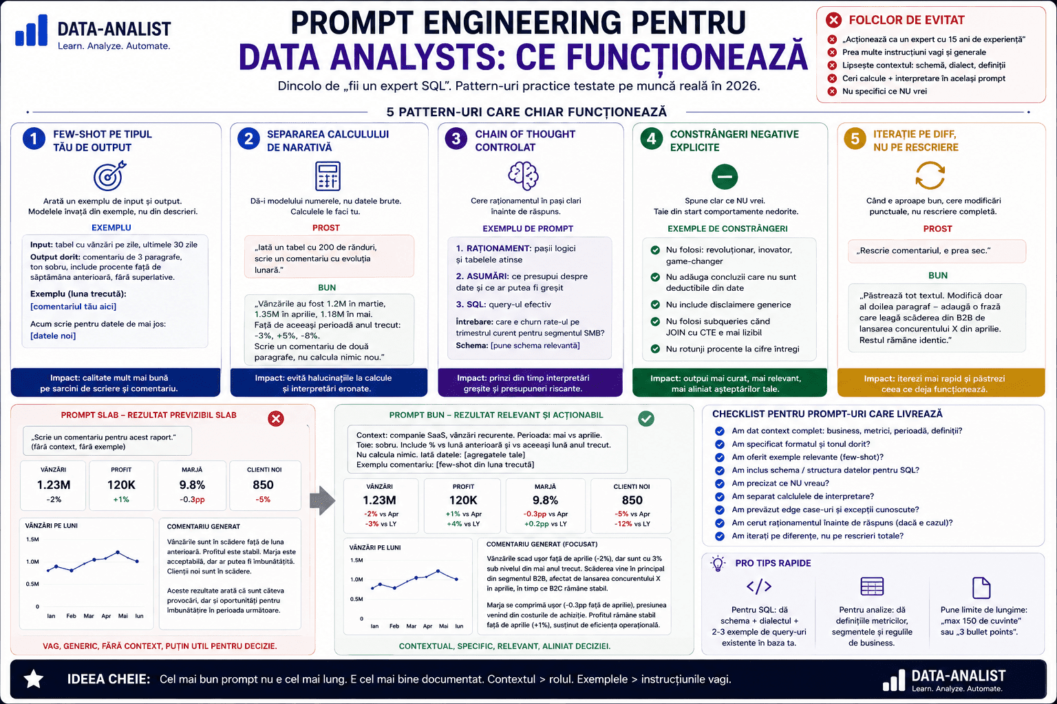 Prompt engineering pentru Data Analysts: ce funcționează Prompt engineering pentru Data Analysts — pattern-uri pentru SQL, Excel, dashboards, sumarizare și raționament pe date