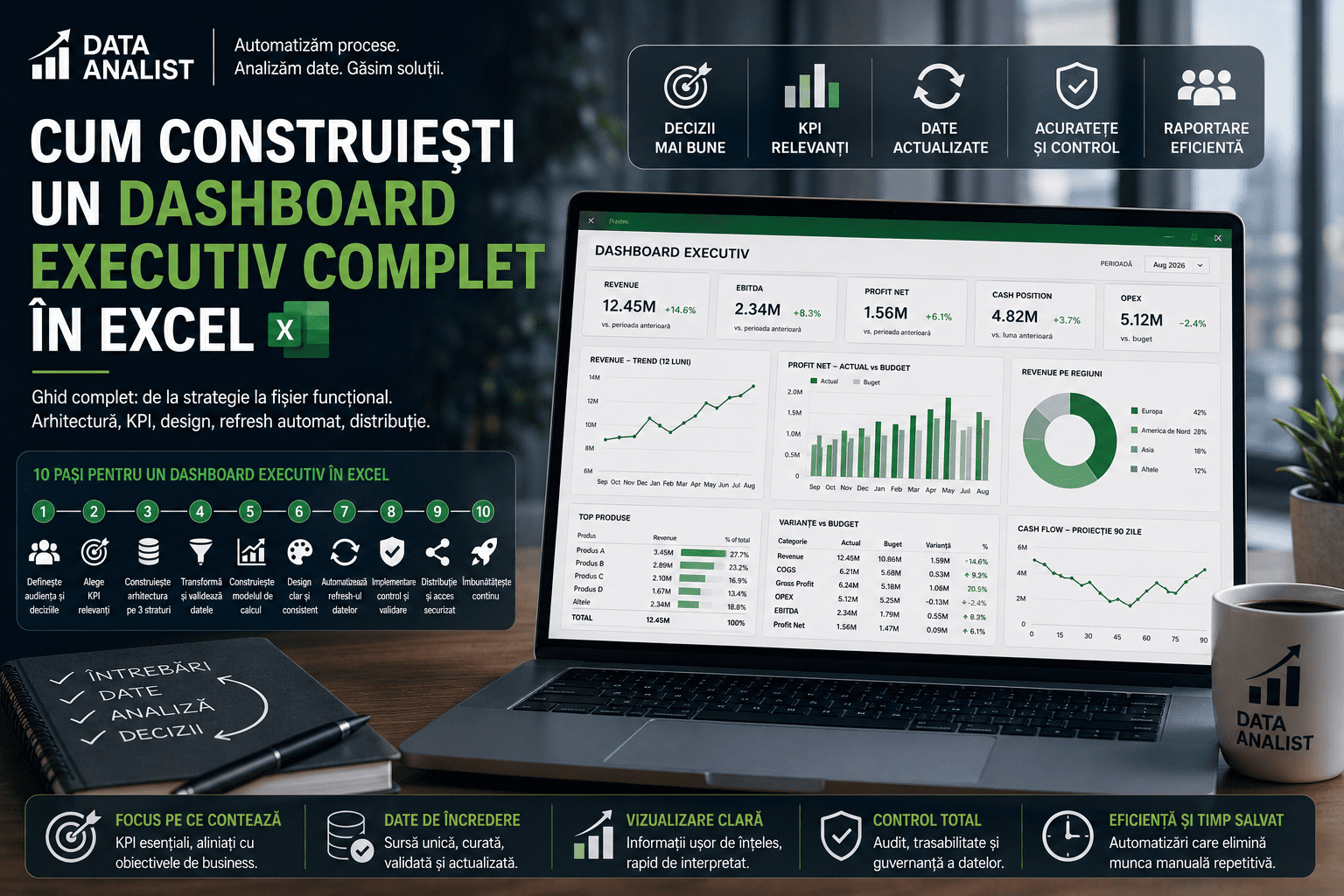 Dashboard executiv complet în Excel — arhitectură pe trei straturi, Power Query, Power Pivot, KPI, refresh automat