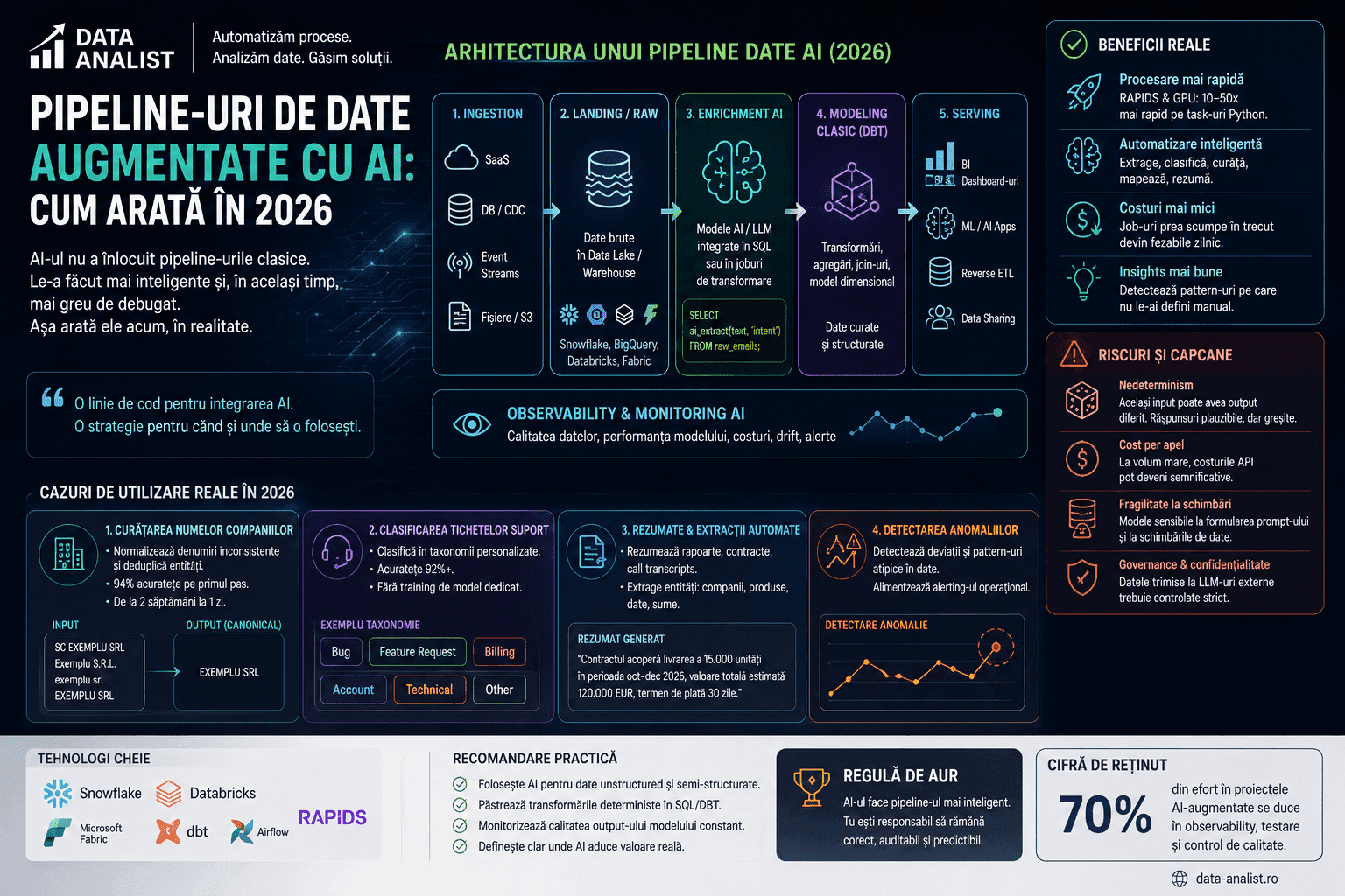Pipeline date augmentat cu AI 2026 — ETL clasic vs AI-driven, fragmente sub control uman, governance și costuri