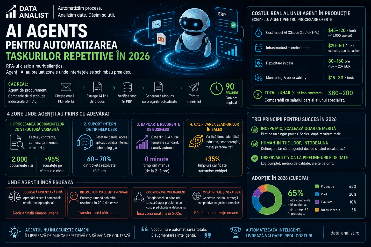 AI Agents pentru automatizare în 2026 — scenarii reale, costuri, comparație cu RPA și unde eșuează în producție